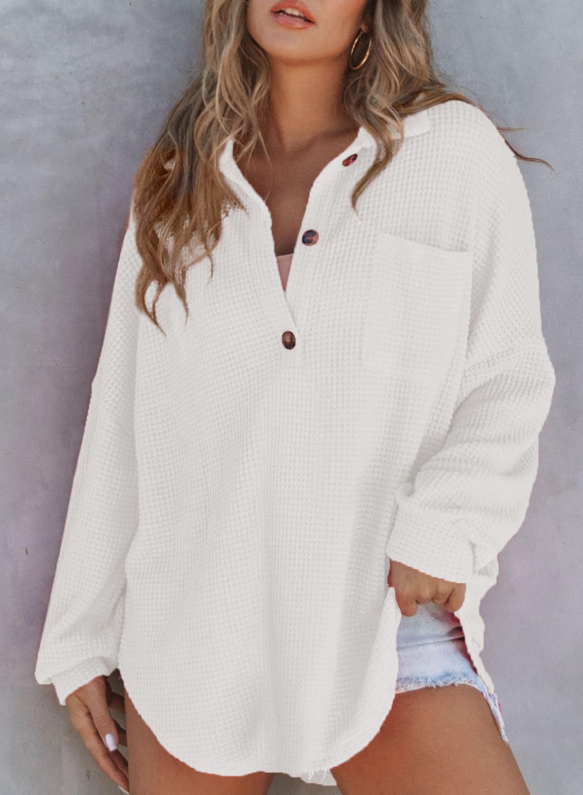 Autumn Women's Waffle Knit Henley V Neck Shirt Jacket (Buy 2 Free Shipping)