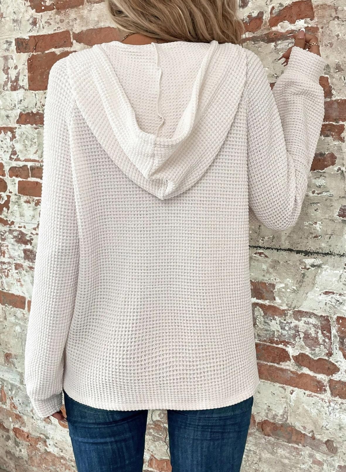 Women's Waffle Knit Drawstring Button V Neck Hooded Sweatshirt