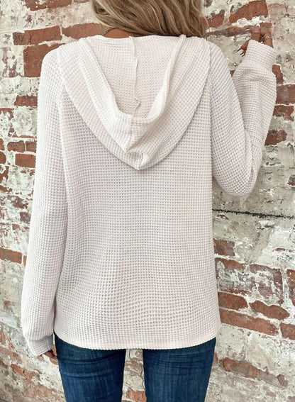 Women's Waffle Knit Drawstring Button V Neck Hooded Sweatshirt