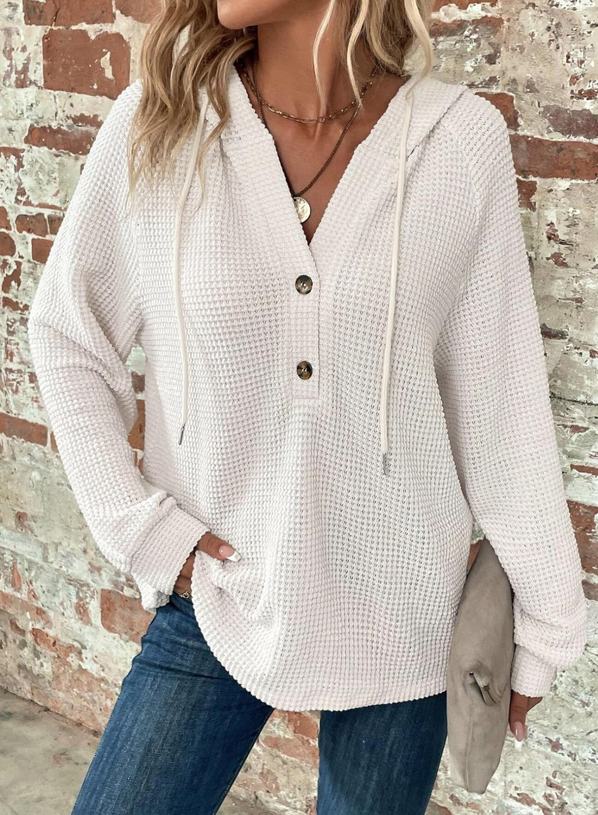 Women's Waffle Knit Drawstring Button V Neck Hooded Sweatshirt