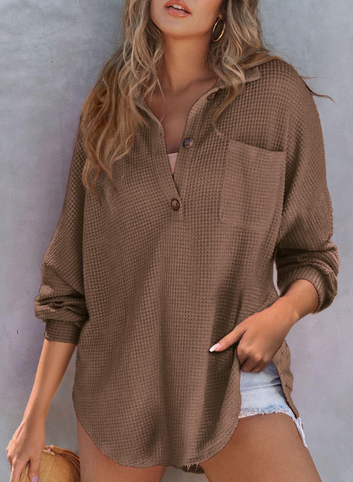 Autumn Women's Waffle Knit Henley V Neck Shirt Jacket (Buy 2 Free Shipping)
