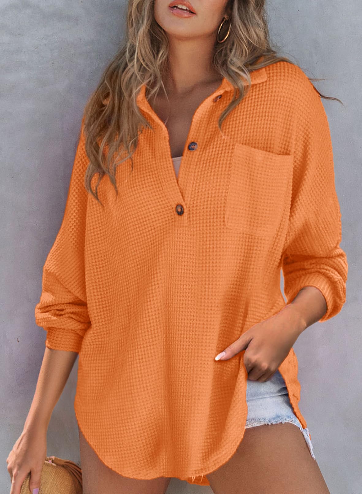 Autumn Women's Waffle Knit Henley V Neck Shirt Jacket (Buy 2 Free Shipping)