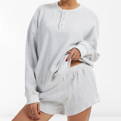 Women's Oversized Waffle Knit Lounge Set - Henley Sweatshirt & High Waisted Shorts