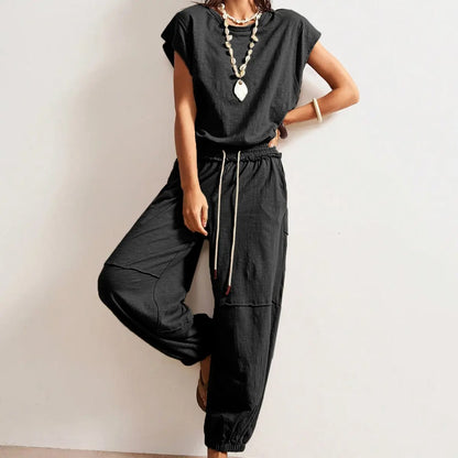 Women's Casual Sleeveless One Piece Jumpsuits Crewneck Cap Sleeve Drawstring Romper Springfresh One Piece Outfits with Pockets