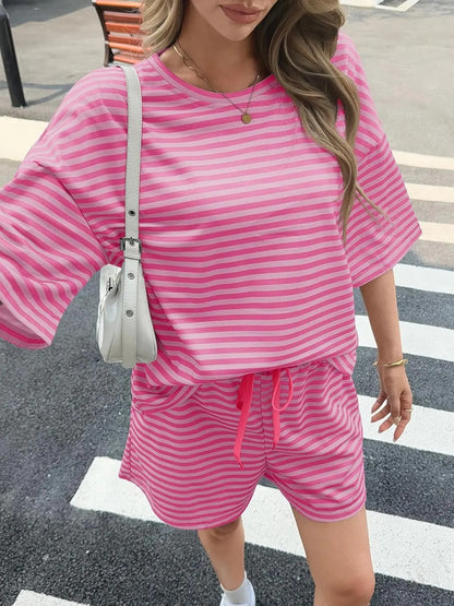 Womens Striped Short Sets 2 Piece Outfits Sweatsuits 3/4 Sleeve Pajamas Casual Lounge Sets