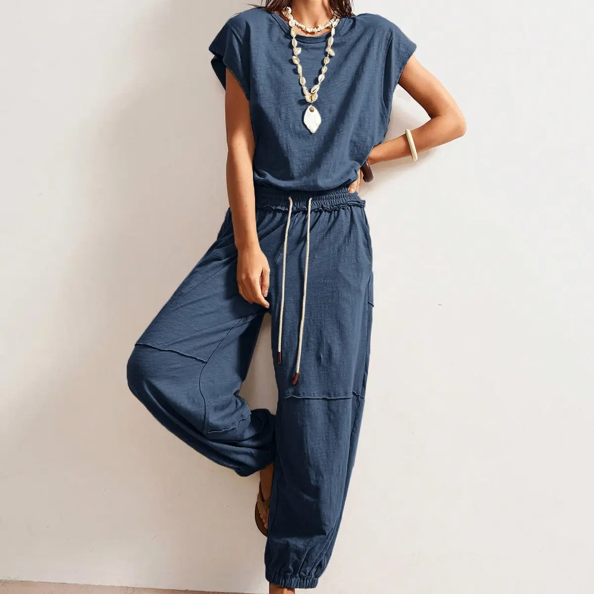 Women's Casual Sleeveless One Piece Jumpsuits Crewneck Cap Sleeve Drawstring Romper Springfresh One Piece Outfits with Pockets
