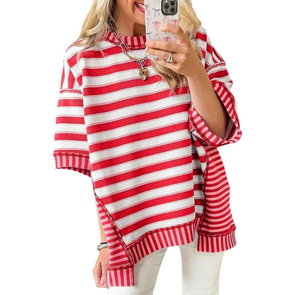 Womens Oversized Striped Shirt Summer Half Sleeve Tops Crew Neck Sweatshirts Casual Blouse