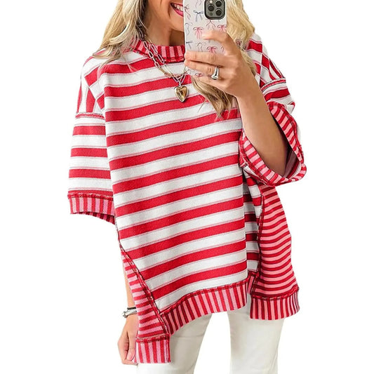 Womens Oversized Striped Shirt Summer Half Sleeve Tops Crew Neck Sweatshirts Casual Blouse