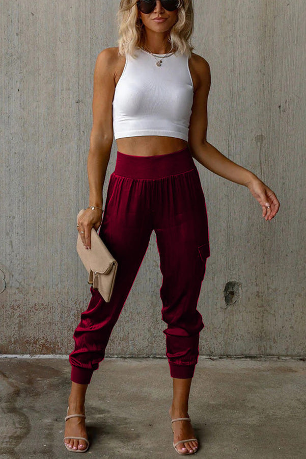 Women's Satin High Waist Pocketed Joggers