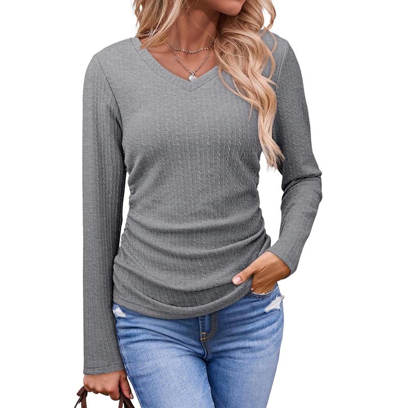✨Women's V-Neck Pleated Basic Tunic Long Sleeve Top