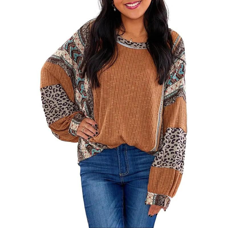 Womens Loose fit Long Sleeve Oversized Retro Leopard Contrast Patchwork Top