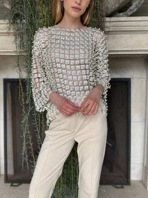 HOT SALE Women's Beaded Floral Cutout Long Sleeve Top Coverup