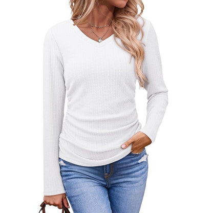 ✨Women's V-Neck Pleated Basic Tunic Long Sleeve Top