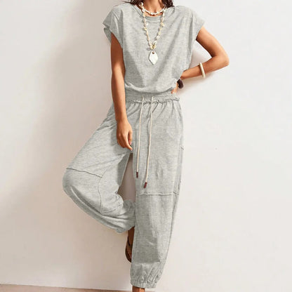 Women's Casual Sleeveless One Piece Jumpsuits Crewneck Cap Sleeve Drawstring Romper Springfresh One Piece Outfits with Pockets