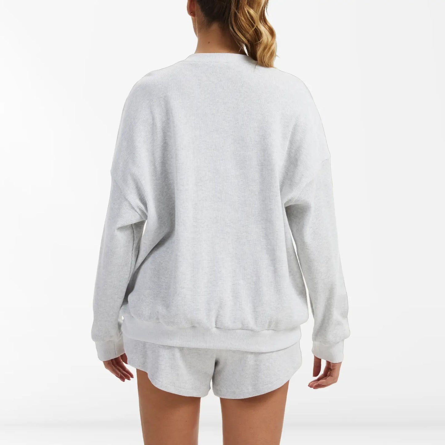 Women's Oversized Waffle Knit Lounge Set - Henley Sweatshirt & High Waisted Shorts