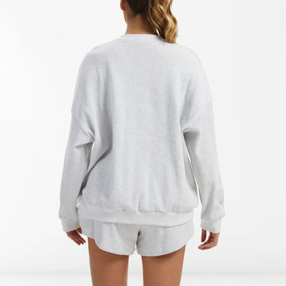 Women's Oversized Waffle Knit Lounge Set - Henley Sweatshirt & High Waisted Shorts