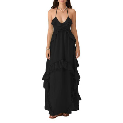 Women Sleeveless Halter Dress Backless Ruffled Summer Swing Dress