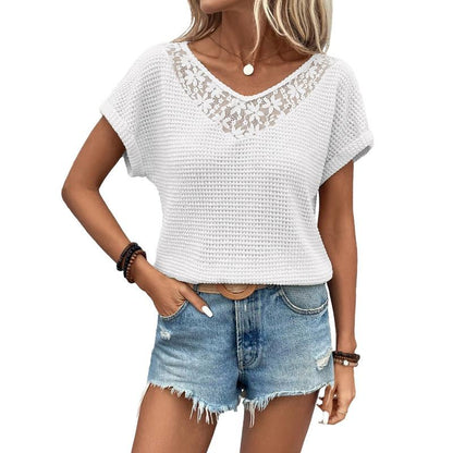 Waffle Knit Hollow Out Lace Tops