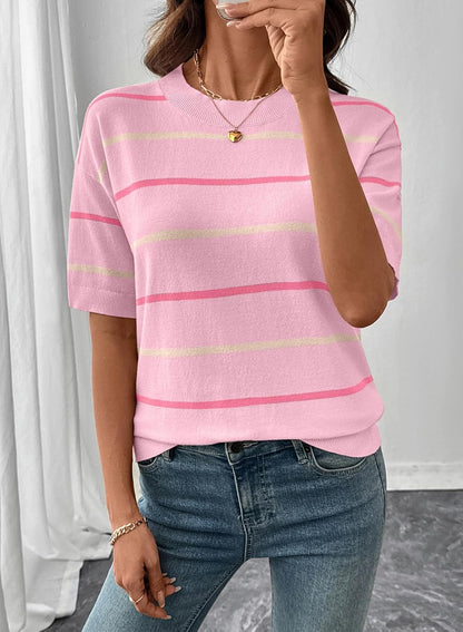Womens Tops Crewneck Short Sleeve Sweater Pullover Knit Striped Shirt Spring Outfits for Women 2026