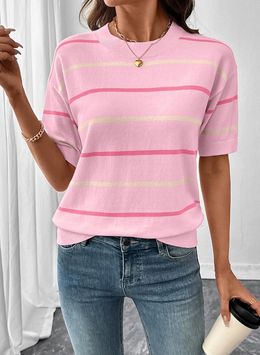 Womens Tops Crewneck Short Sleeve Sweater Pullover Knit Striped Shirt Spring Outfits for Women 2026