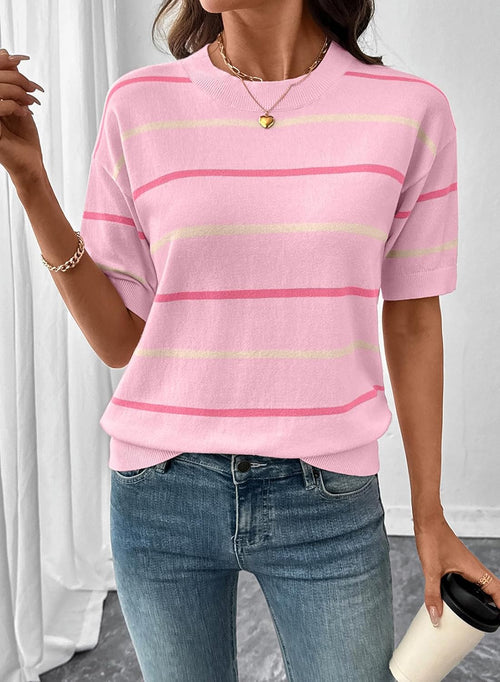Womens Tops Crewneck Short Sleeve Sweater Pullover Knit Striped Shirt Spring Outfits for Women 2026