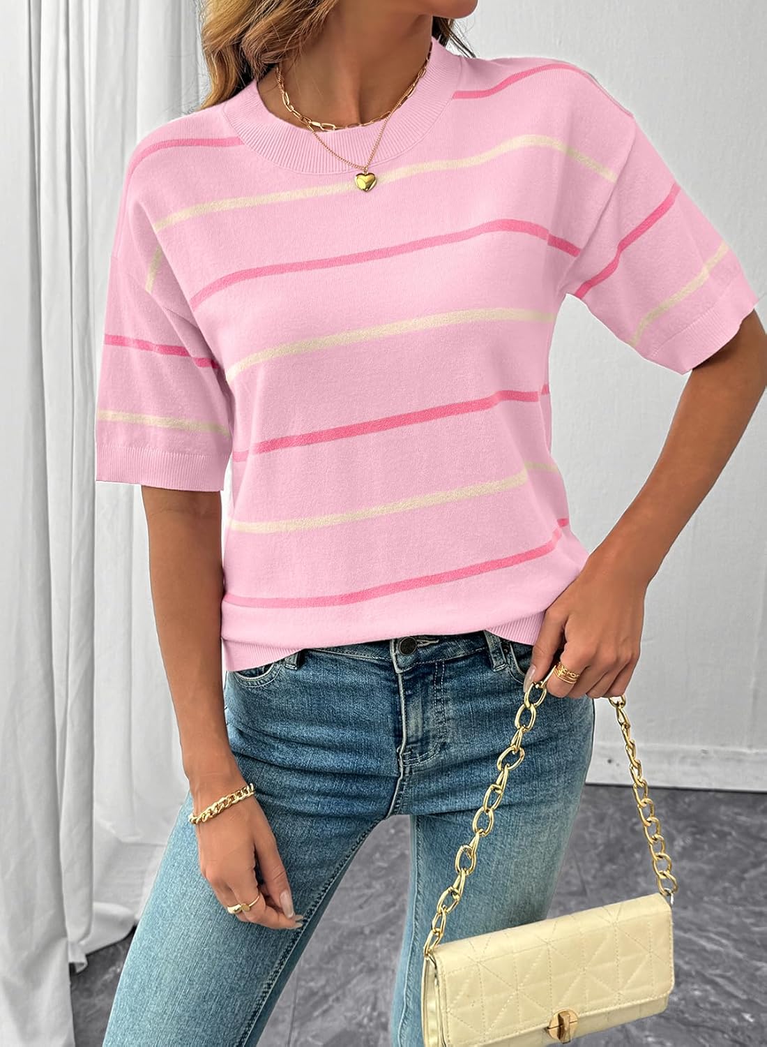 Womens Tops Crewneck Short Sleeve Sweater Pullover Knit Striped Shirt Spring Outfits for Women 2026