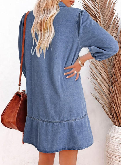 ✨Women's V-neck Puff Sleeve Denim Layered Dress(BUY 2 FREE SHIPPING)
