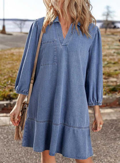 ✨Women's V-neck Puff Sleeve Denim Layered Dress(BUY 2 FREE SHIPPING)