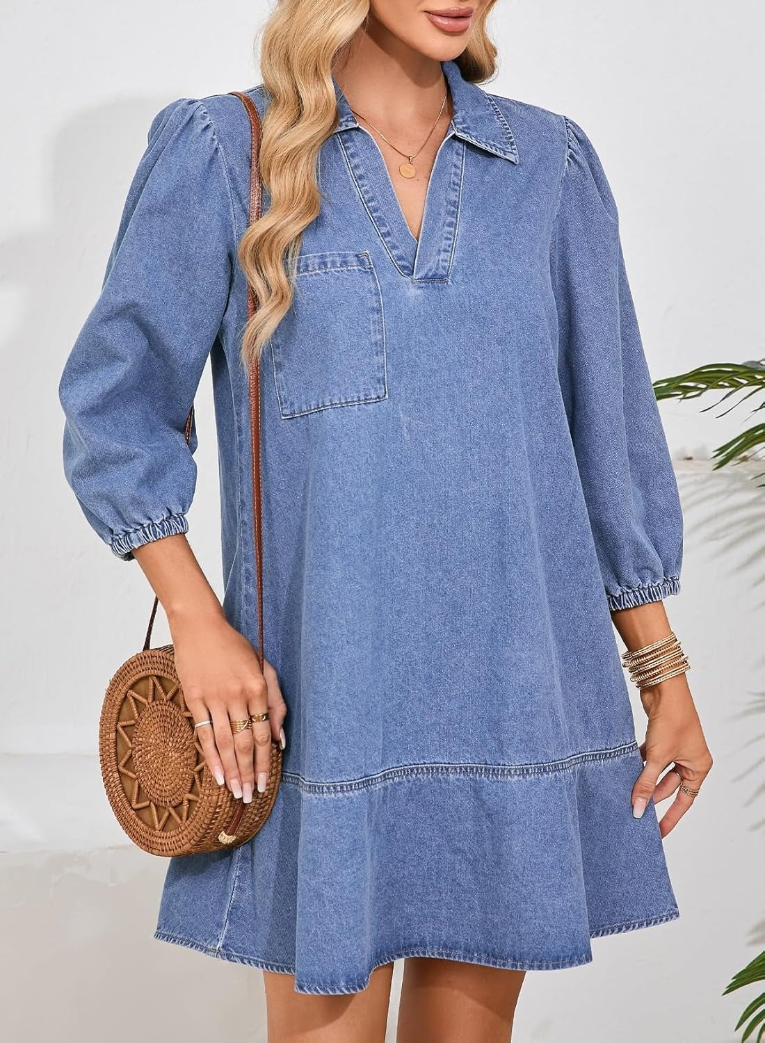 ✨Women's V-neck Puff Sleeve Denim Layered Dress(BUY 2 FREE SHIPPING)